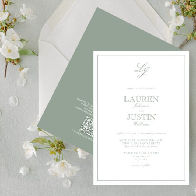 Invitation QR Code Classic Sage Vert Monogramme Mariage (Créateur téléchargé)