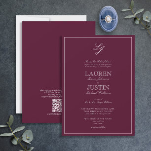 Invitation QR Code Classique Bourgogne Script Monogramme Mari