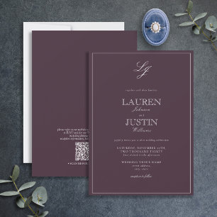 Invitation QR Code classique Plum violet Mariage de monogramm