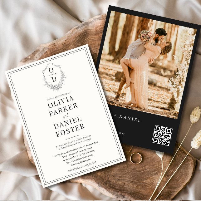 Invitation QR Code Crest Black & White Photo Mariage moderne (Créateur téléchargé)