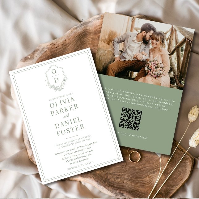 Invitation QR Code Crest Sage Green Photo Mariage élégant (Créateur téléchargé)