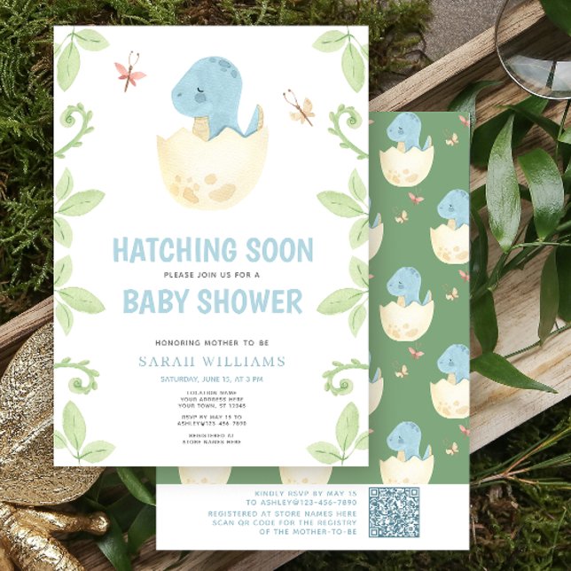 Invitation QR Code Cute Dinosaur Hatching Bientôt Baby shower (Get ready for a Jurassic celebration with our adorable dinosaur baby shower invitations! 🦕)