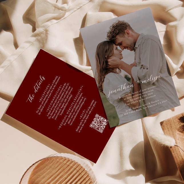 Invitation QR Code Dark Red Overlay Mariage de script photo (Créateur téléchargé)