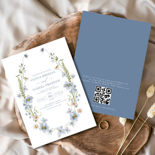 Invitation QR Code Dusty Bleu élégant Jardin Vintage Mariage