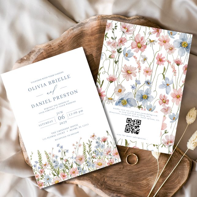 Invitation QR Code Dusty Blue Blush Fleur sauvage Mariage ros (Créateur téléchargé)
