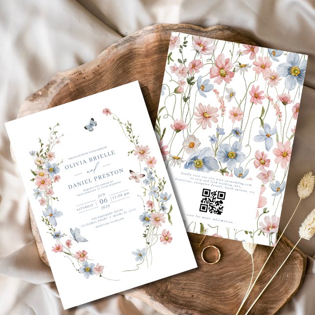 Invitation QR Code Dusty Blue Blush Fleur sauvage Mariage ros (Créateur téléchargé)
