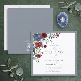 Invitation QR Code Dusty Blue Bourgogne Rouge Floral Aquarell