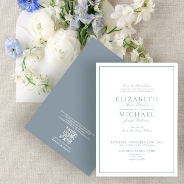 Invitation QR Code Dusty Blue Classic Mariage de script (Créateur téléchargé)