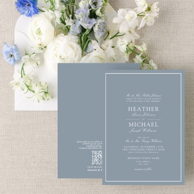 Invitation QR Code Dusty Blue Leafy Crest Monogram Mariage (Créateur téléchargé)