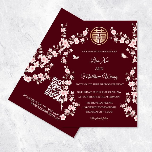Invitation QR Code Dusty rose cerisier Mariage chinois (Créateur téléchargé)