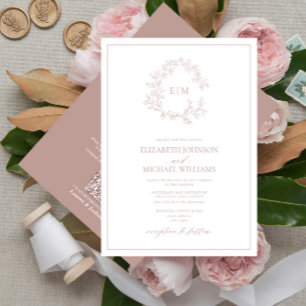 Invitation QR Code Dusty Rose Leafy Crest Monogram Mariage