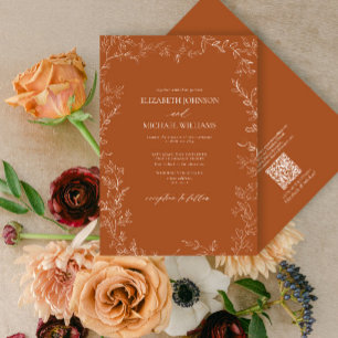 Invitation QR Code Elegant Burnt Orange Minimal Mariage feuil