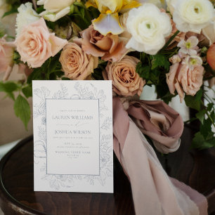Invitation QR Code Elegant Dusty Blue Floral Line Mariage Art
