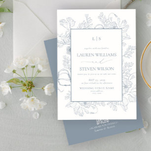 Invitation QR Code élégant Monogramme Dusty Blue Floral Line
