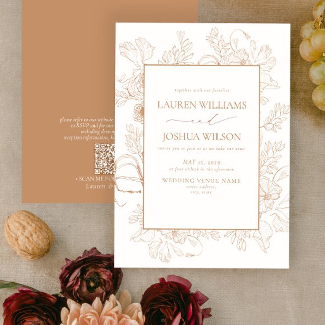 Invitation QR Code Élégant Terracotta Floral Line Art Mariage (Créateur téléchargé)