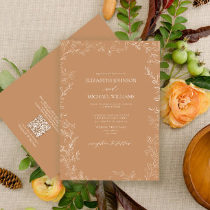 Invitation QR Code Élégant Terracotta Mariage minimum feuille