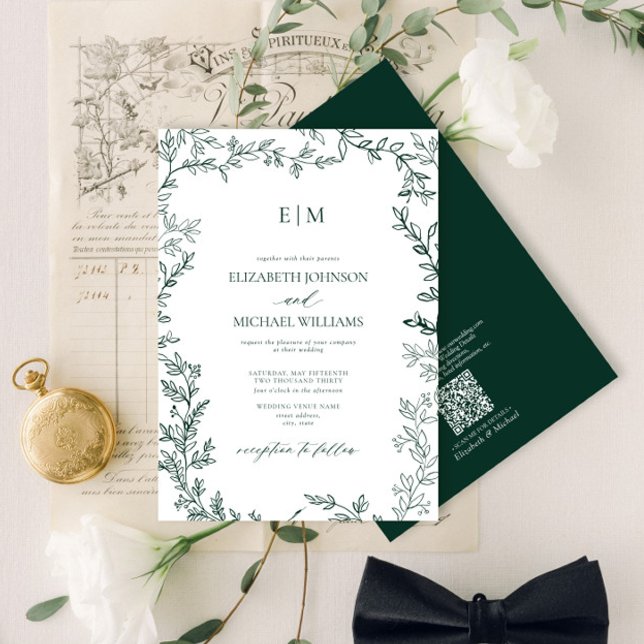 Invitation QR Code Emerald Green Élégant Mariage Monogramme (Créateur téléchargé)