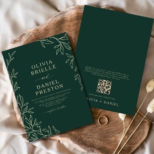 Invitation QR Code Emerald Green & Gold Minimal Mariage feuil
