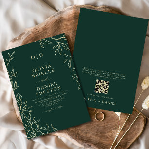 Invitation QR Code Emerald Green Monogram Mariage feuille