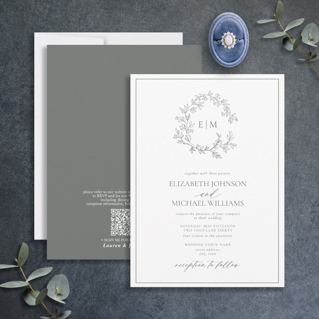 Invitation QR Code Eucalyptus Mariage de monogramme de crête  (Créateur téléchargé)