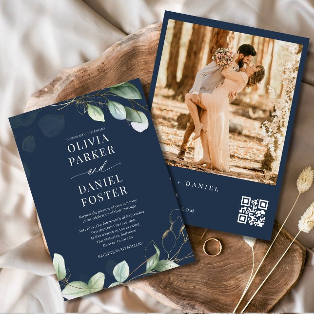 Invitation QR Code Eucalyptus Marine Mariage photo bleu (Créateur téléchargé)