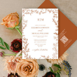Invitation QR Code feuille Burange Orange Elegant Monogramme 