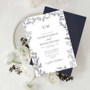 Invitation QR Code Feuille Marine Bleu Élégant Monogramme Mar