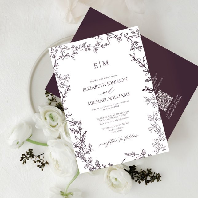 Invitation QR Code Feuille Plum Purple Élégant Mariage Monogr (Créateur téléchargé)