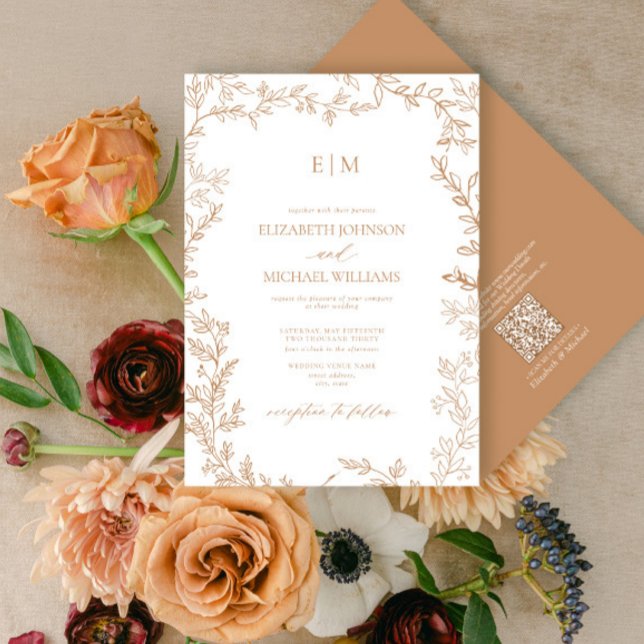 Invitation QR Code feuille Terracotta Élégant Mariage Monogra (Créateur téléchargé)