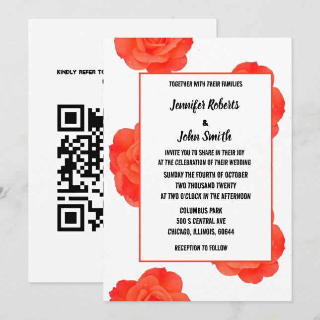 Invitation QR Code Floral Orange Rose Motifs Boho Mariage (Devant / Derrière)