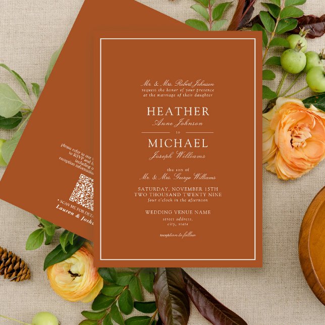 Invitation QR Code Formal Burnt Orange Classic Script Mariage (Créateur téléchargé)