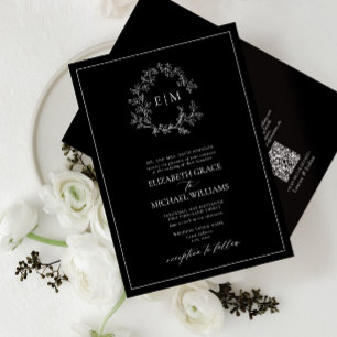 Invitation QR Code Formel Noir Blanc Feuillet Monogramme