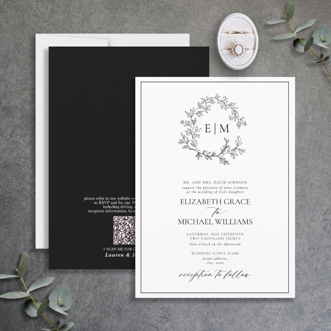 Invitation QR Code Formel Noir Blanc Feuillet Monogramme (Créateur téléchargé)