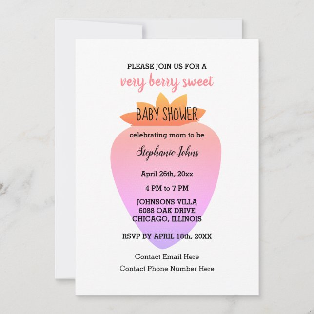 Invitation QR Code Fraise Baby shower rose Bébé fille (Devant)