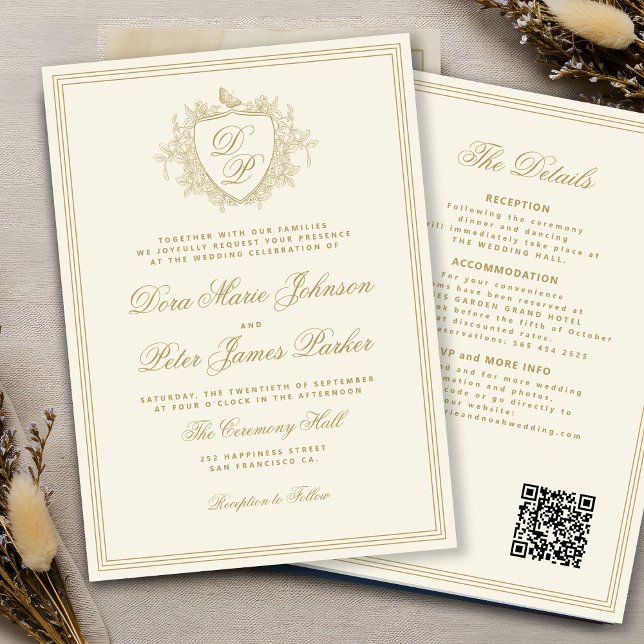 Invitation QR code gold ivory crest monogram wedding (Créateur téléchargé)