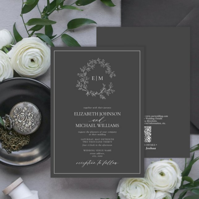 Invitation QR Code Gris Cimetière Mariage de monogramme (Créateur téléchargé)