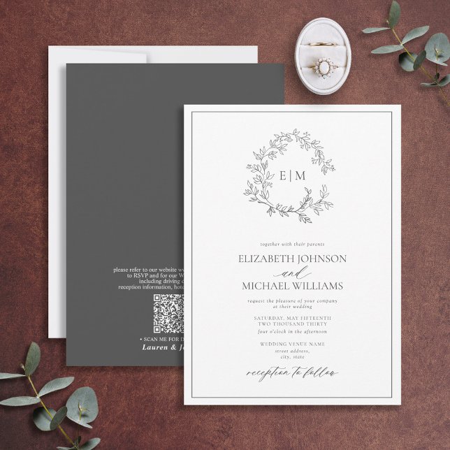Invitation QR Code Gris Cimetière Mariage de monogramme (Créateur téléchargé)