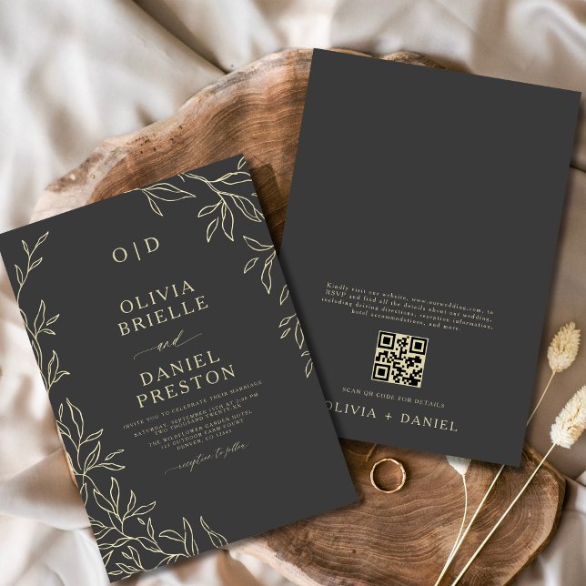 Invitation QR Code Gris de Charbon et Mariage de feuille mini (Créateur téléchargé)