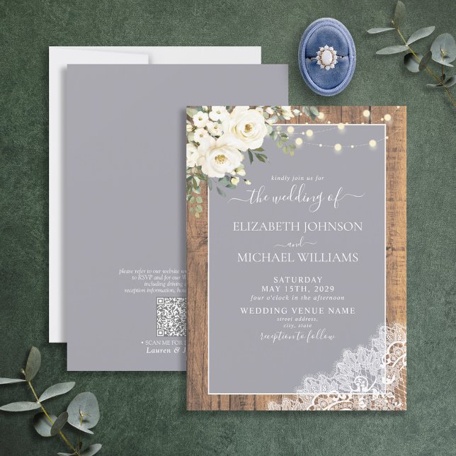 Invitation QR Code Gris Rustique Mariage de script en dentell (Créateur téléchargé)