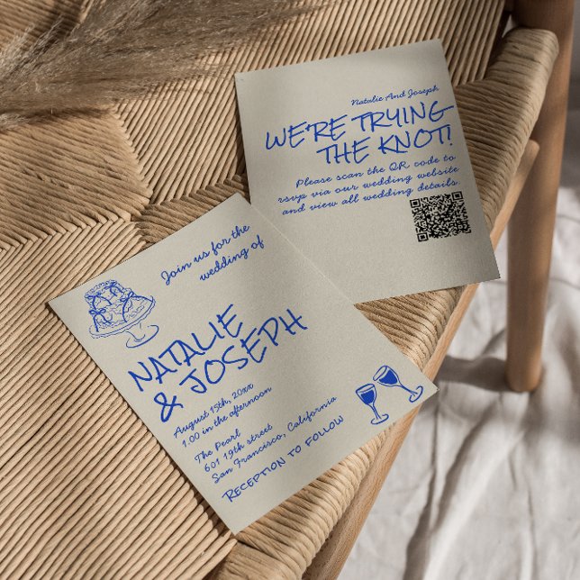 Invitation QR Code Hand Drawn Blue Cake Bows Unique Wedding  (Créateur téléchargé)