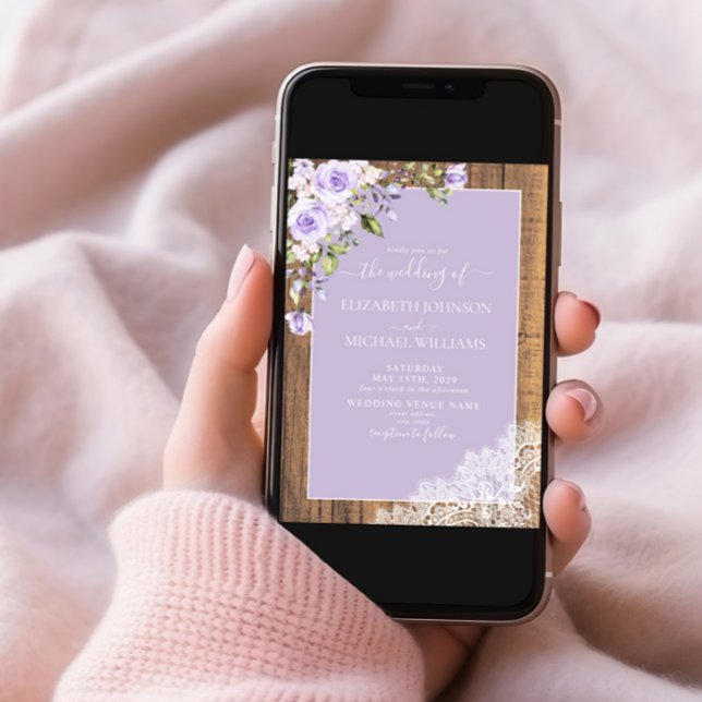 Invitation QR Code Lilac Lavender Mariage de dentelle en bois (Créateur téléchargé)