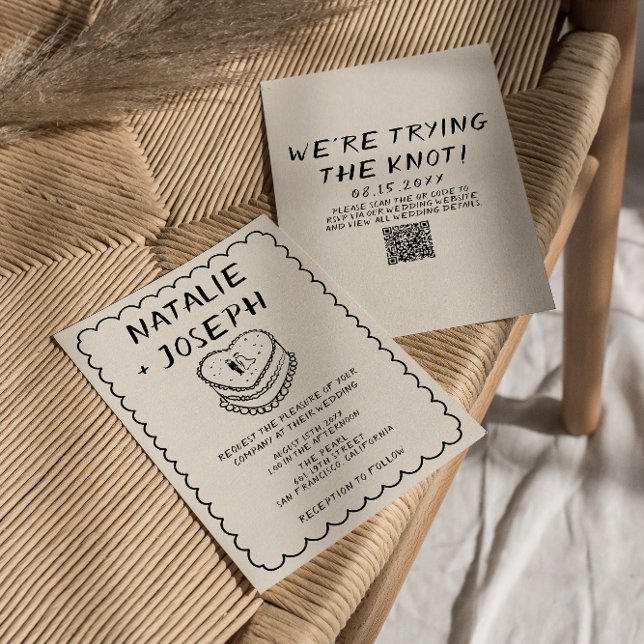 Invitation QR Code main écrit Cake tiré Quirky Mariage (Créateur téléchargé)