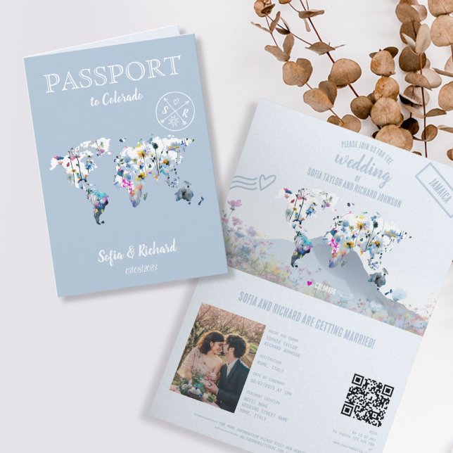 Invitation QR Code Meadow Wedding Destination Passport Map  (dusty blue mountain wedding passport)