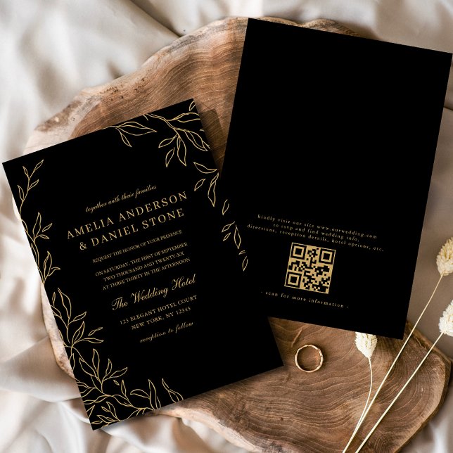 Invitation QR Code moderne Black Gold Minimal Mariage feuille (Créateur téléchargé)