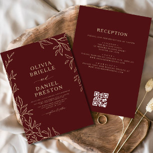 Invitation QR Code Moderne Burgundy Gold Minimal Mariage feui