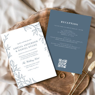 Invitation QR Code Moderne Dusty Bleu Minimal Mariage feuille
