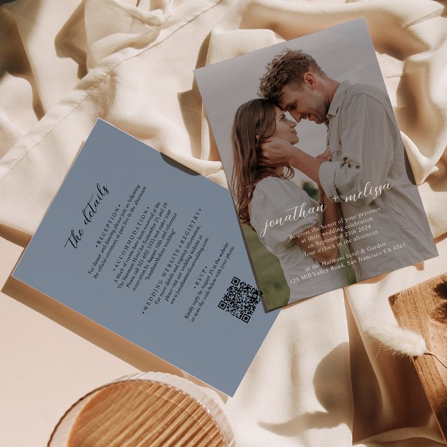 Invitation QR Code moderne Dusty Blue Photo Overlay Mariage (Créateur téléchargé)