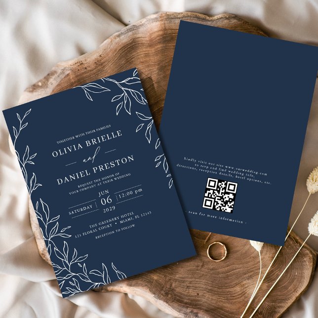 Invitation QR Code Moderne Marine Bleu Minimal Mariage feuill (Créateur téléchargé)