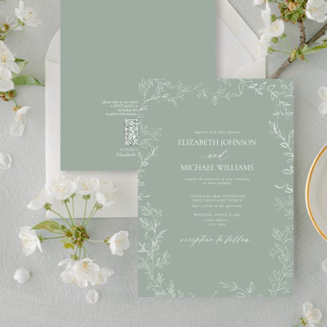 Invitation QR Code Moderne Sage Vert Minimal Mariage feuille (Créateur téléchargé)