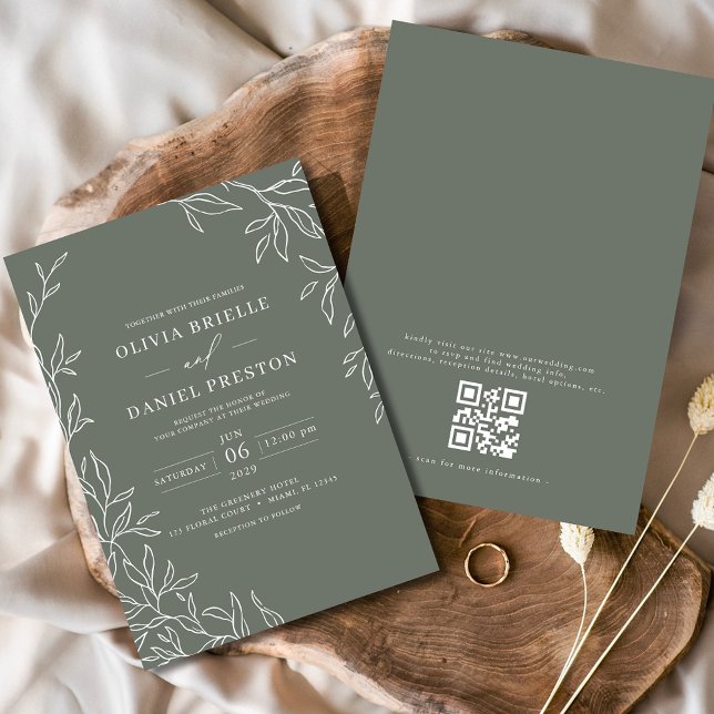 Invitation QR Code Moderne Sage Vert Minimal Mariage feuille (Créateur téléchargé)